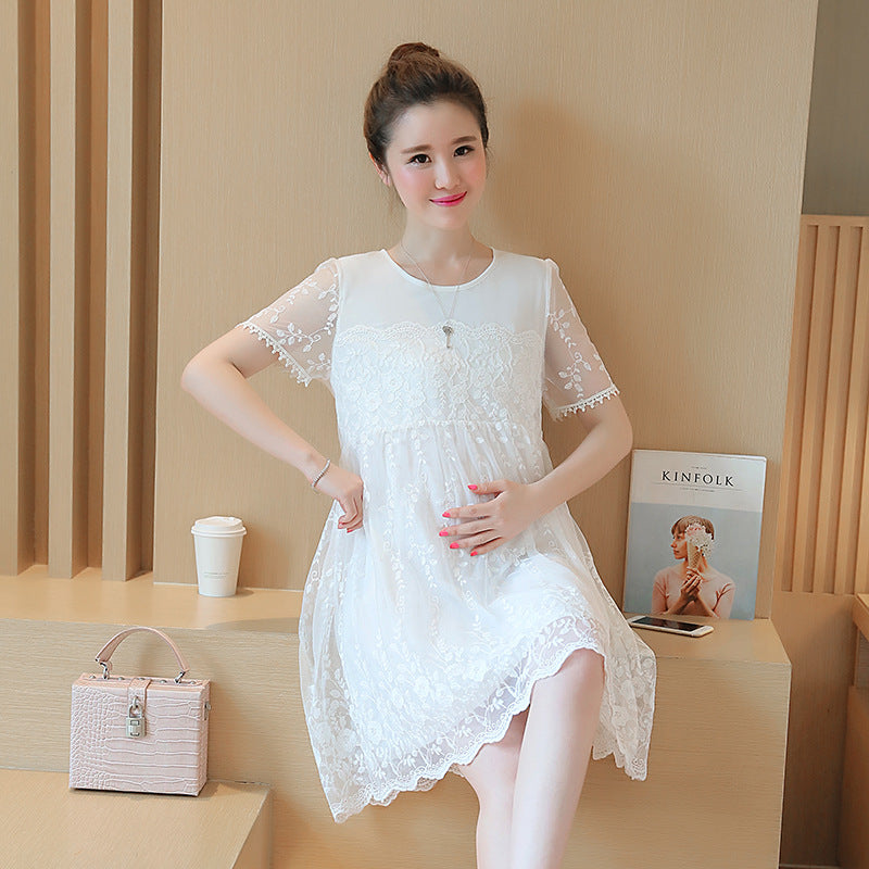 Summer Korean Lace Crochet Maternity Maxi Dress